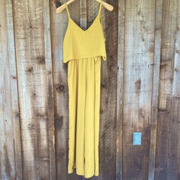 Mustard Seed Yellow Goldenrod V-neck Popover Tie Front Wide Leg Jumpsuit - Picture 5 of 11